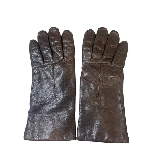 Vintage 80s 90s Brown Leather Ladies LIned Gloves Sz S - Picture 1 of 6